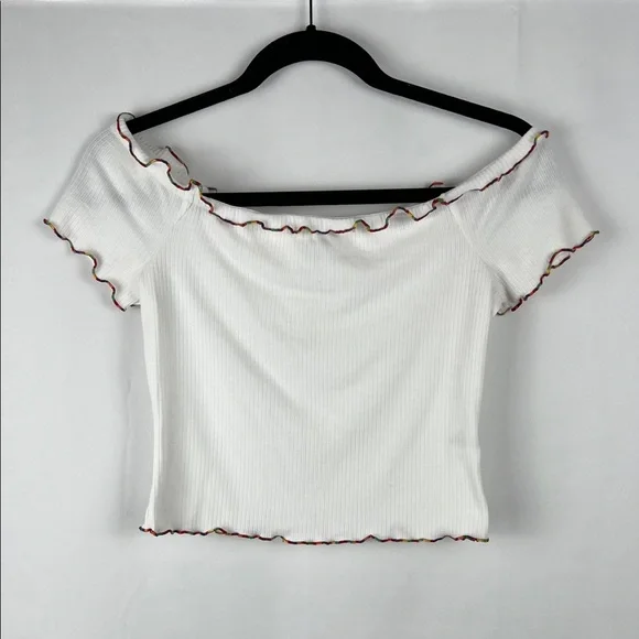 love, Fire White Rainbow Ruffled Off Shoulder Crop Top - Picture 1 of 15